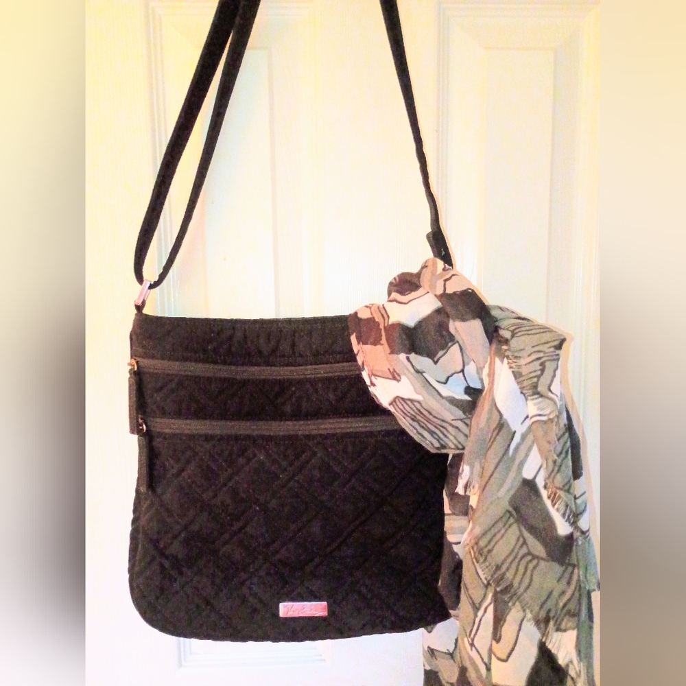 Vera Bradley Black Quilted Crossbody with Neutral Patterned Scarf#68